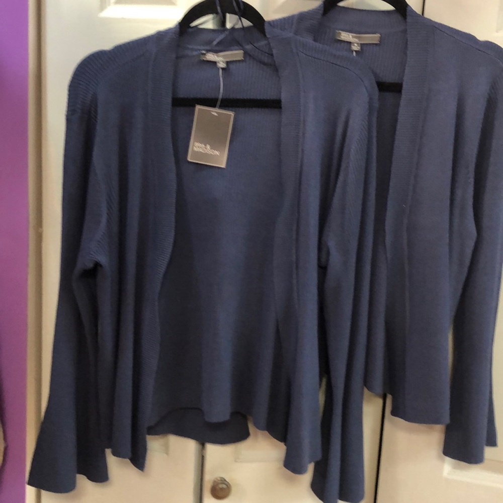 Woman’s gray blue cardigan sweater